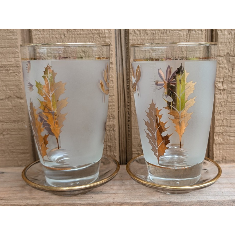 Libbey Golden Foliage Highball Glasses Set of 2 w/ Gold Trim Coasters Frosted